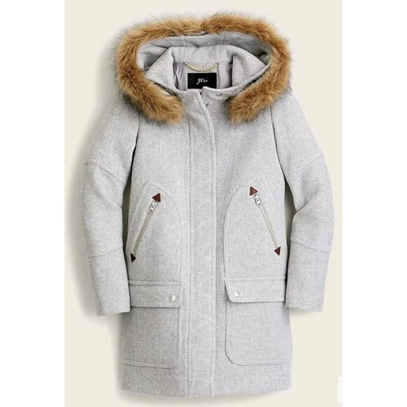 J. Crew Chateau Parka Italian Stadium-Cloth Wool Coat Size 4 Gray Fur Trim Hood - Picture 1 of 11